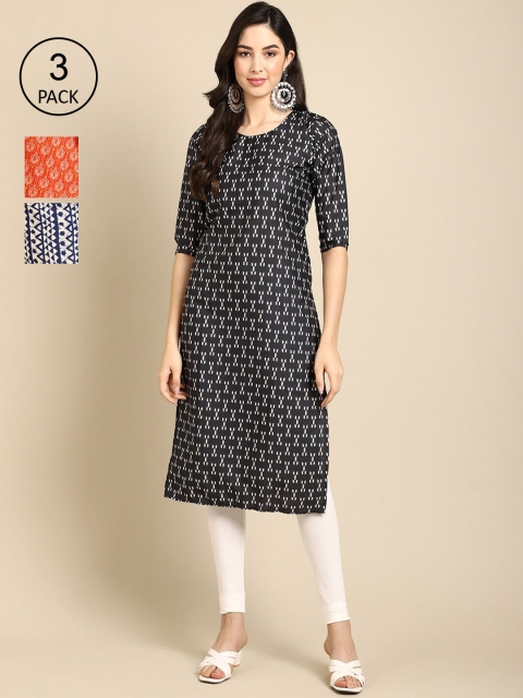 

Ethnic basket Women Pack of 3 Printed Crepe Kurtas, Black