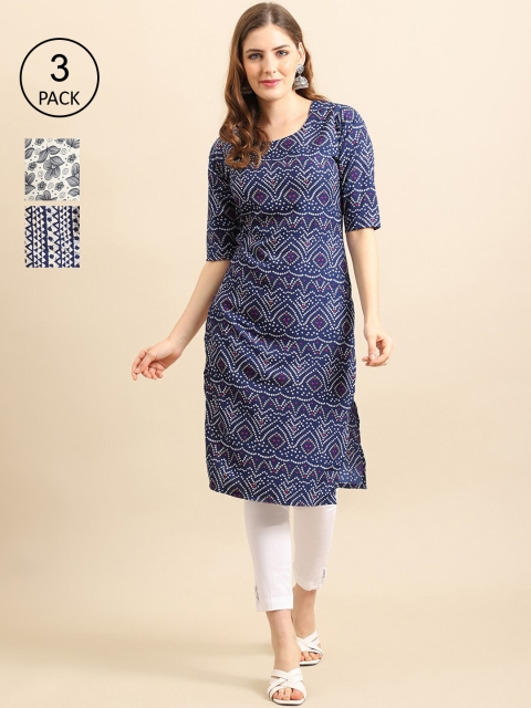 

Ethnic basket Pack of 3 Women Printed Straight Crepe Kurta, Blue