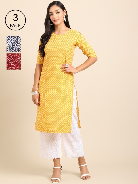 

Ethnic basket Women Pack Of 3 Geometric Printed Crepe Kurta, Yellow