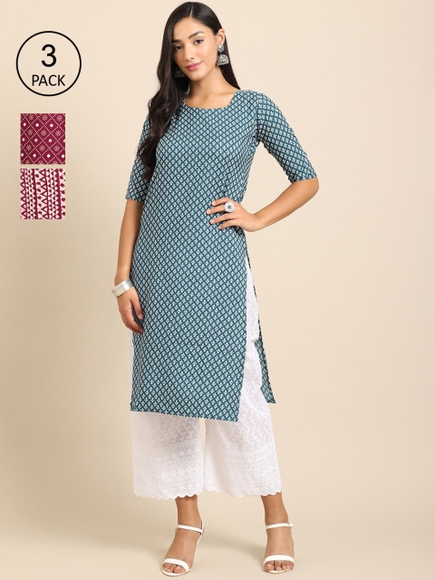 

Ethnic basket Women Multicoloured Geometric Printed Keyhole Neck Thread Work Block Print Crepe Kurta, Multi