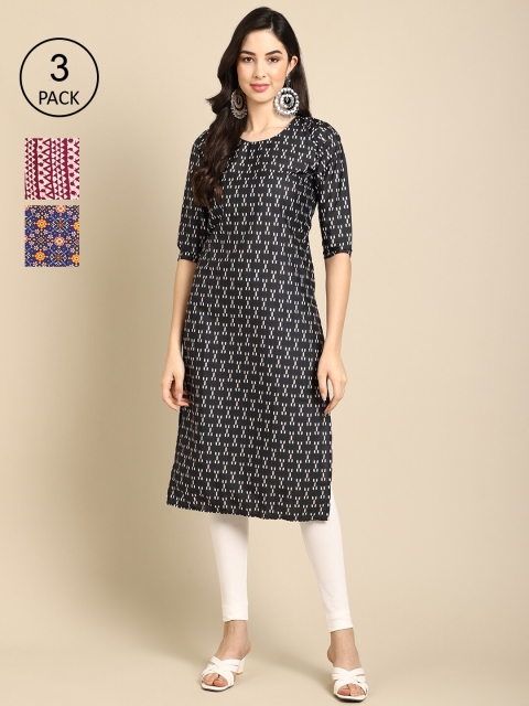 

Ethnic basket Women Pack of 3 Printed Block Print Crepe Kurta, Black