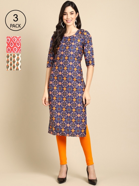 

Ethnic basket Women Pack Of 3 Ethnic Motifs Printed Block Print Crepe Kurta, Blue