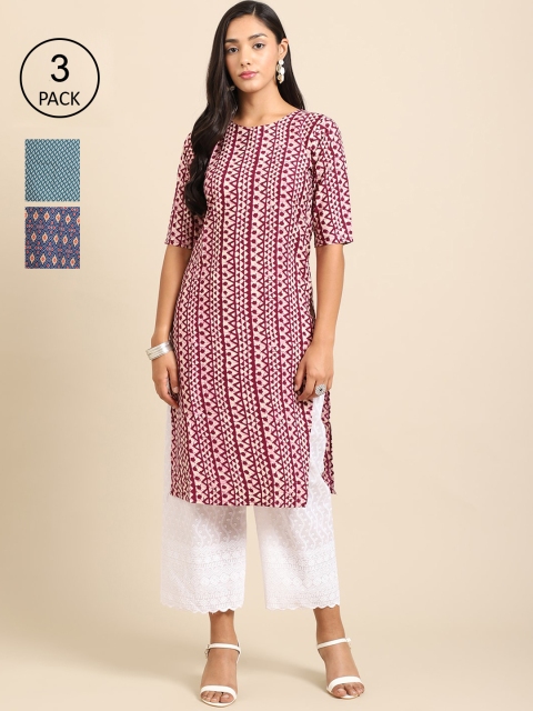 

Ethnic basket Women Set Of 3 Blue & Maroon Ethnic Motifs Printed Crepe Kurta