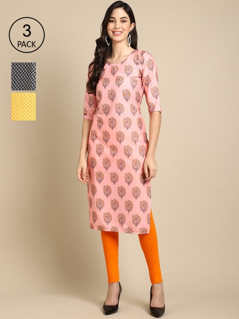 

Ethnic basket Women Pack Of 3 Floral Printed Crepe Straight Kurta, Pink