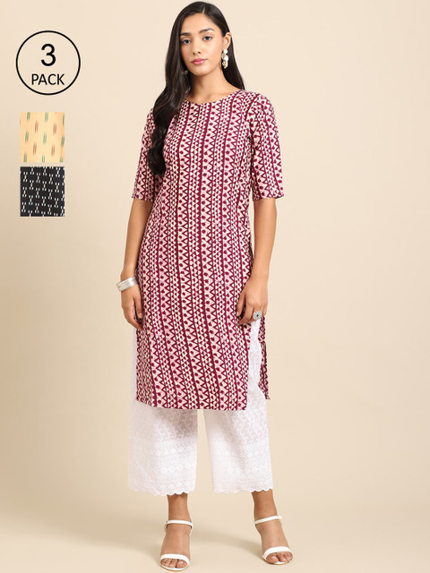 

Ethnic basket Women Pack of 3 Geometric Printed Crepe Straight Kurta, Maroon