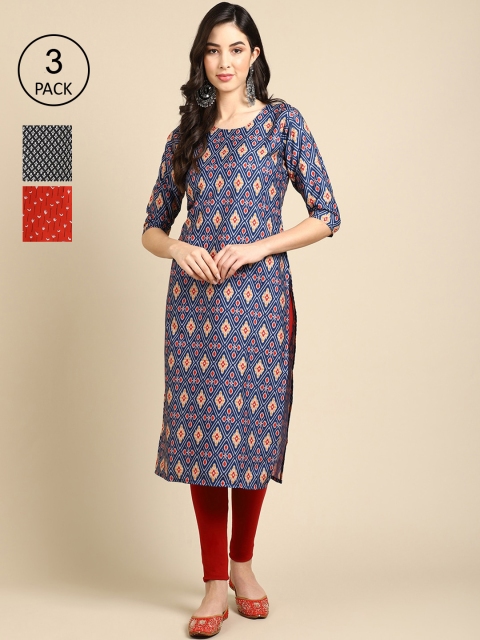 

Ethnic basket Pack of 3 Women Ethnic Motifs Printed Block Print Crepe Kurta, Blue