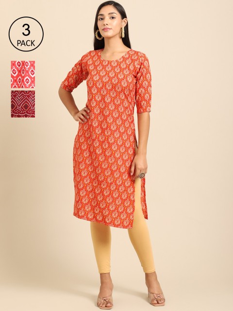 

Ethnic basket Women Pack of 3 Printed Crepe Kurtas, Orange