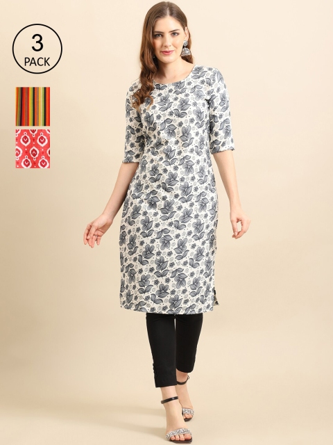 

Ethnic basket Women Pack of 3 Printed Crepe Kurtas, Grey