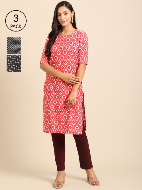 

Ethnic basket Women Pack of 3 Coral & Black Ethnic Motifs Printed Crepe Kurta