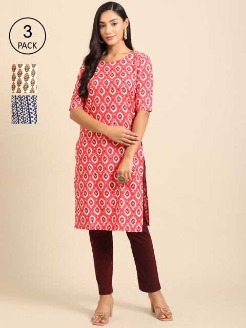 

Ethnic basket Women Pack of 3 Pink & Black Ethnic Motifs Printed Crepe Kurta