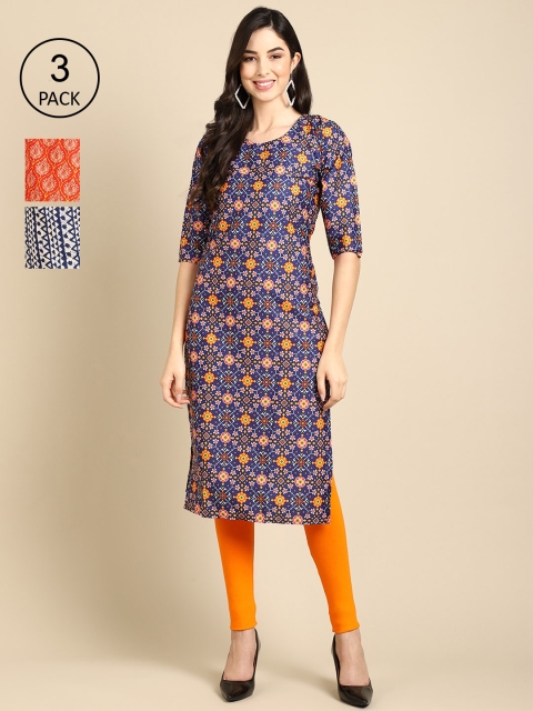 

Ethnic basket Women Pack of 3 Blue & Orange Ethnic Motifs Printed Crepe Kurta