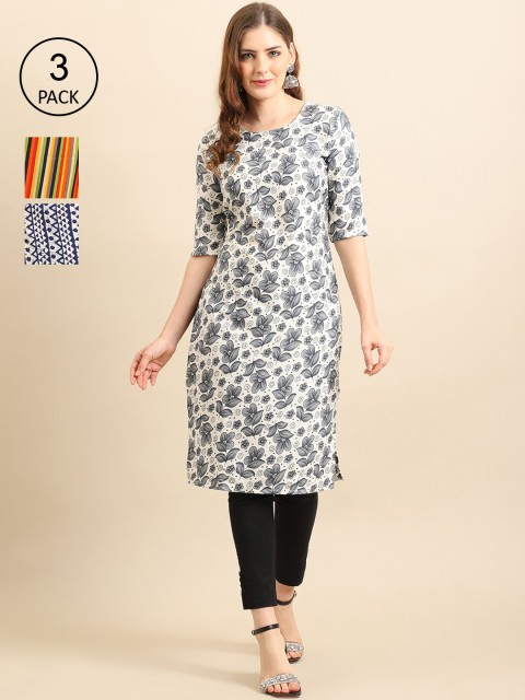 

Ethnic basket Women Pack Of 3 Ethnic Motifs Printed Crepe Kurta, White