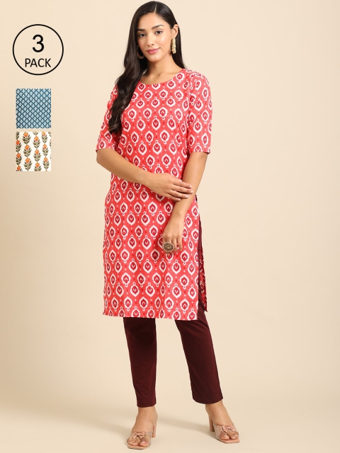 

Ethnic basket Women Pack Of 3 Ethnic Motifs Printed Crepe Kurta, Pink