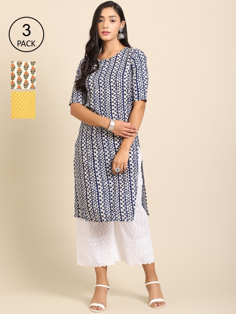 

Ethnic basket Women Pack Of 3 Ethnic Motifs Printed Crepe Kurta, Navy blue