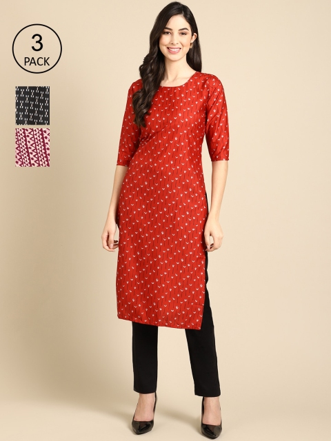 

Ethnic basket Women Pack Of 3 Ethnic Motifs Printed Crepe Kurta, Red