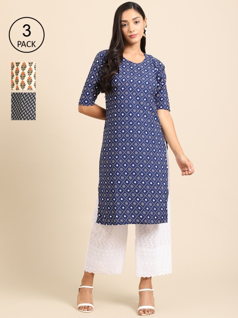 

Ethnic basket Women Pack Of 3 Floral Printed Crepe Kurta, Navy blue