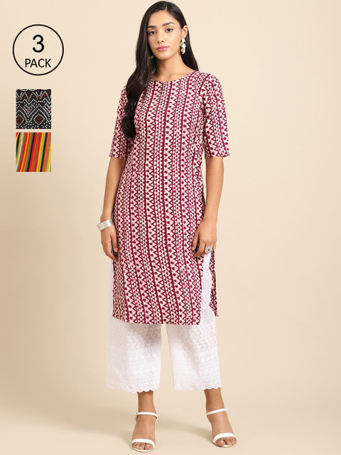 

Ethnic basket Women Pack Of 3 Ethnic Motifs Printed Crepe Kurta, Maroon