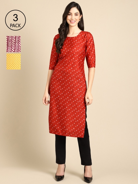 

Ethnic basket Women Pack Of 3 Ethnic Motifs Printed Crepe Kurta, Red