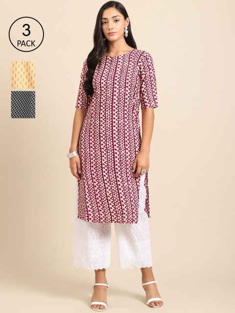 

Ethnic basket Women Pack Of 3 Printed Crepe Kurta, Yellow