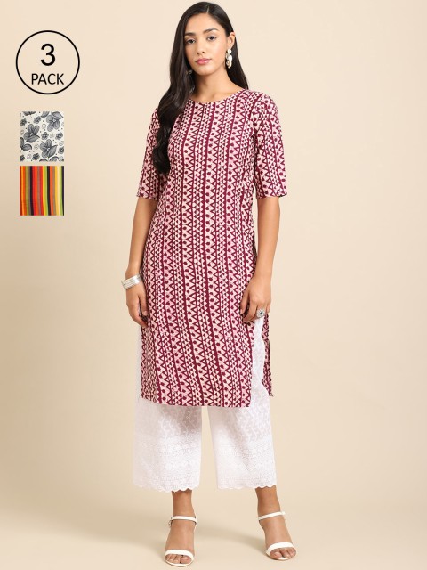 

Ethnic basket Women Pack Of 3 Printed Crepe Kurta, Maroon