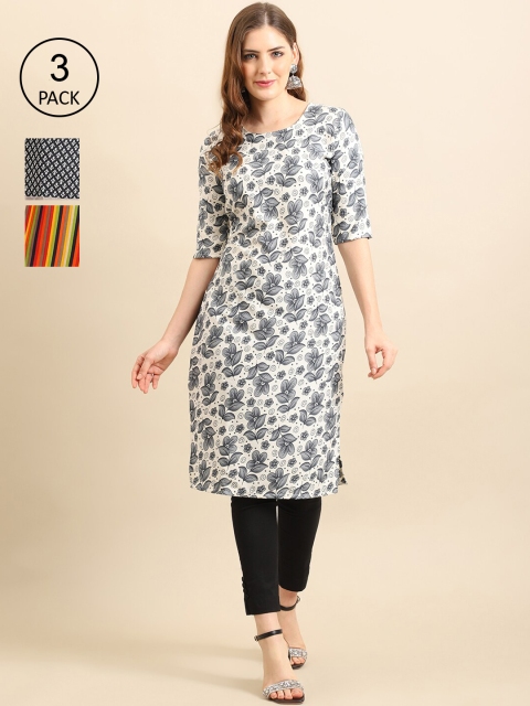 

Ethnic basket Women Pack Of 3 Printed Crepe Kurta, White
