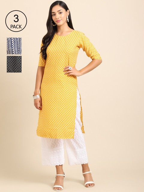 

Ethnic basket Pack of 3 Women Ethnic Motifs Printed Block Print Crepe Kurta, Yellow