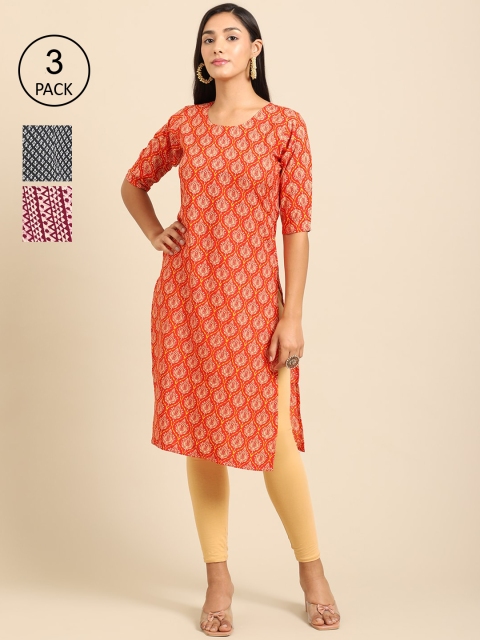 

Ethnic basket Women Pack of 3 Orange & Black Ethnic Motifs Printed Crepe Kurta