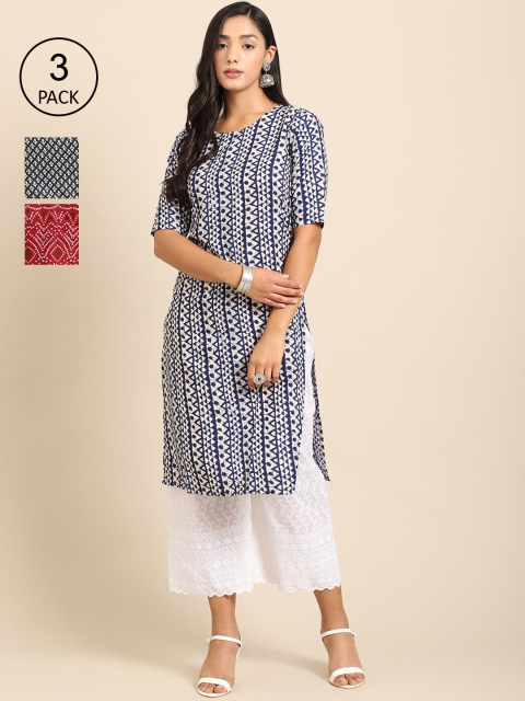 

Ethnic basket Women Pack Of 3 Block Print Crepe Kurta, Navy blue
