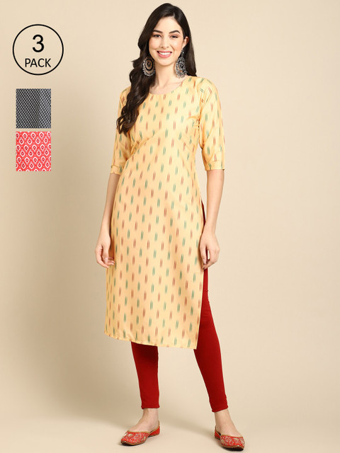 

Ethnic basket Women Pack of 3 Printed Block Print Crepe Kurta, Beige