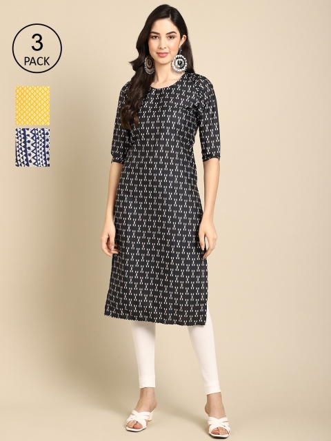 

Ethnic basket Women Pack Of 3 Black & Yellow Ethnic Motifs Printed Crepe Kurta
