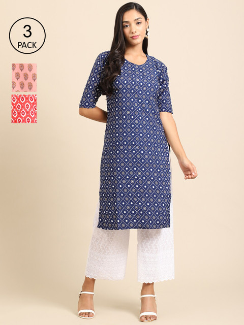 

Ethnic basket Women Blue & Coral Ethnic Motifs Printed Block Print Crepe Kurta