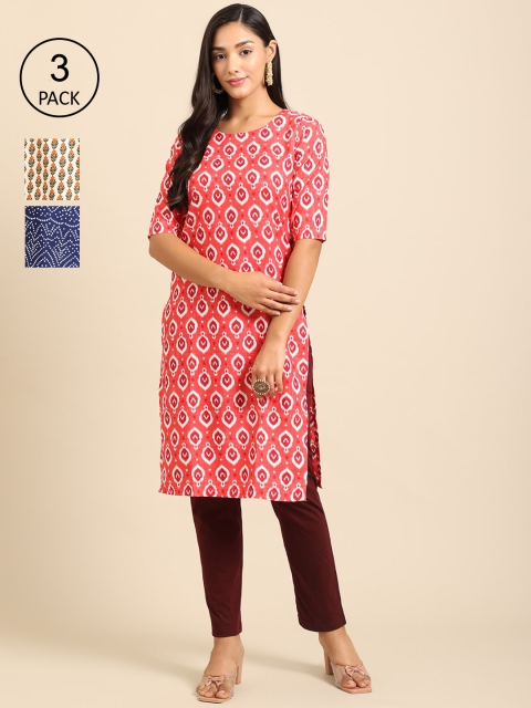 

Ethnic basket Women Pack Of 3 Pink & Blue Ethnic Motifs Printed Crepe Kurta