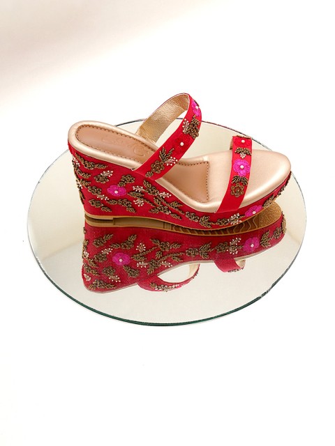 

Sole House Women Red Embellished PU Party Wedges