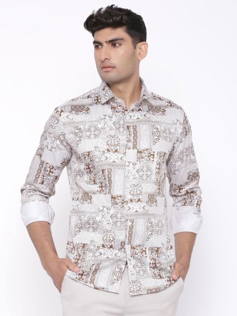 

Tistabene Men White and Brown Comfort Floral Printed Cotton Casual Shirt