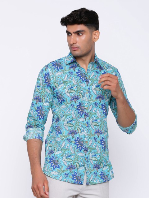 

Tistabene Men Turquoise Blue Comfort Floral Printed Cotton Casual Shirt