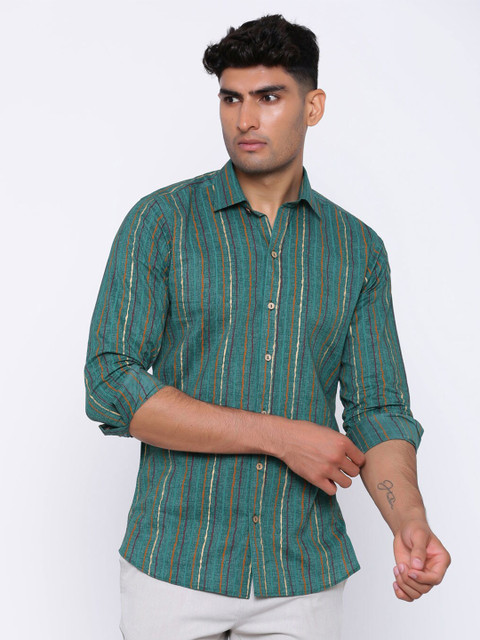 

Tistabene Men Green Comfort Striped Cotton Casual Shirt