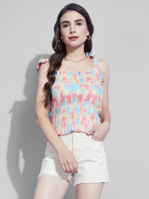 

Selvia Women Multicoloured Print Smocked Crop Crepe Top, Multi