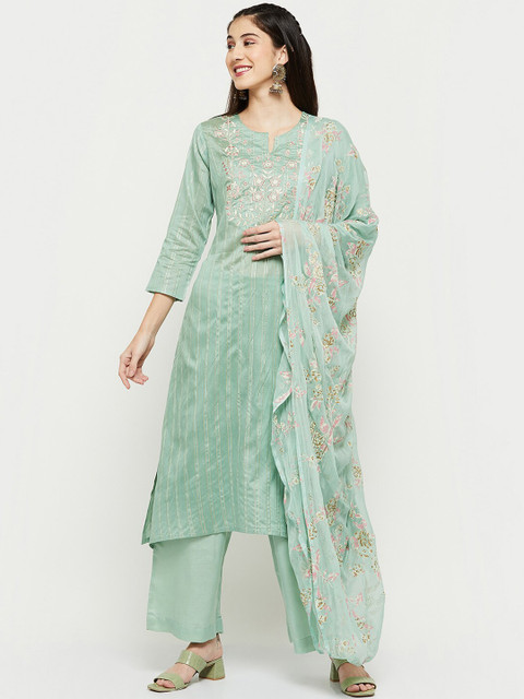

max Women Sea Green Floral Embroidered Thread Work Kurta with Palazzos & With Dupatta