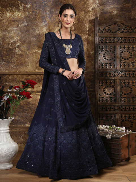 

ODETTE Navy Blue Embellished Thread Work Semi-Stitched Lehenga & Unstitched Blouse With Dupatta