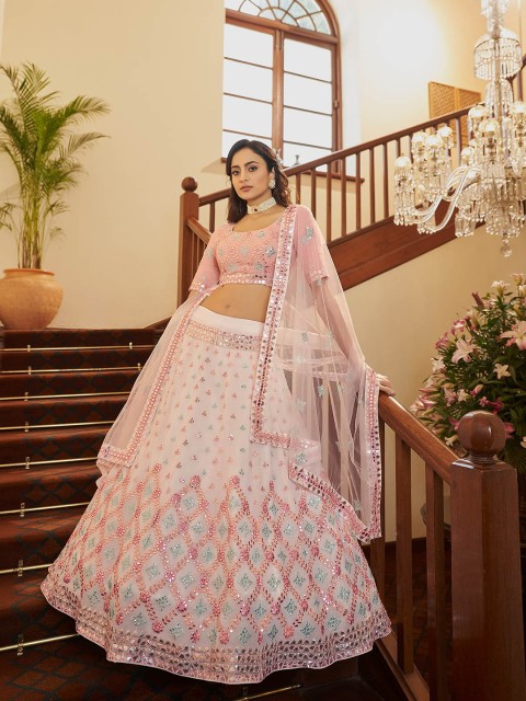 

ODETTE White & Pink Embroidered Mirror Work Semi-Stitched Lehenga & Unstitched Blouse With Dupatta