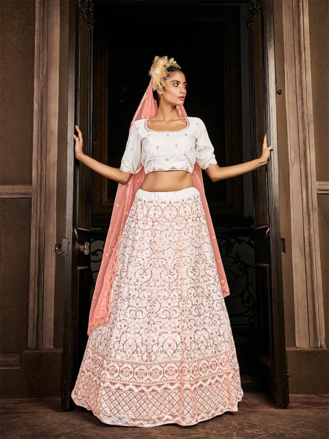 

ODETTE Women White & Pink Embroidered Thread Work Semi-Stitched Lehenga Set