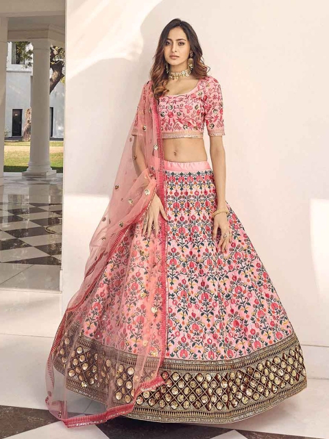 

ODETTE Women Pink & Blue Embroidered Semi-Stitched Lehenga Set