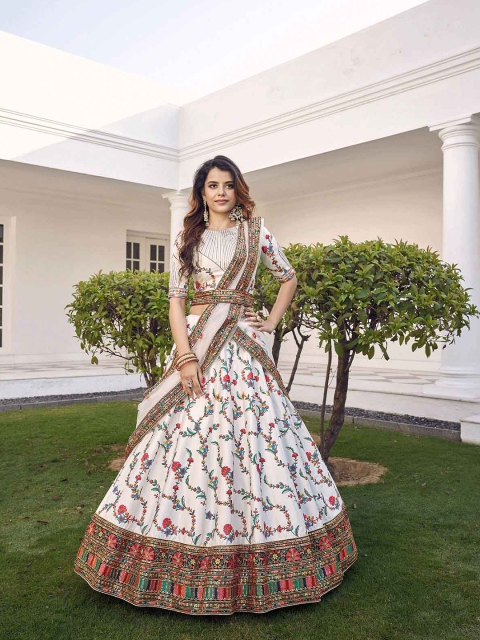 

ODETTE White & Blue Embroidered Semi-Stitched Lehenga & Unstitched Blouse With Dupatta