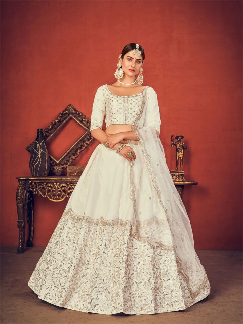 

ODETTE Women Embroidered Semi-Stitched Lehenga & Unstitched Blouse With Dupatta, White