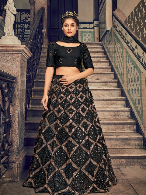 

ODETTE Black & Gold-Toned Sequinned Semi-Stitched Lehenga & Unstitched Blouse Dupatta Set