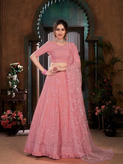 

ODETTE Pink Embroidered Semi-Stitched Lehenga & Unstitched Blouse With Dupatta