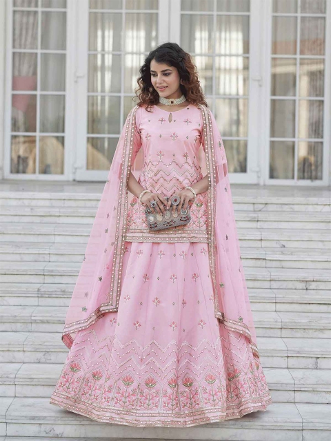 

ODETTE Pink & Green Embellished Thread Work Semi-Stitched Lehenga & Unstitched Blouse With Dupatta