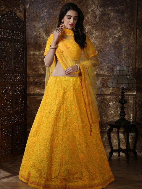 

ODETTE Women Embroidered Semi-Stitched Lehenga & Unstitched Blouse With Dupatta, Yellow