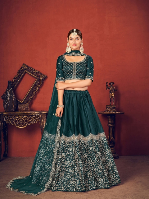 

ODETTE Women Embroidered Semi-Stitched Lehenga & Unstitched Blouse With Dupatta, Green