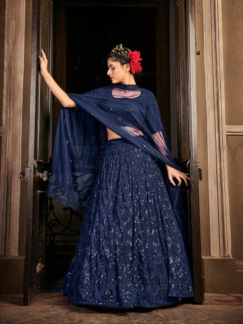 

ODETTE Navy Blue Embroidered Semi-Stitched Lehenga & Unstitched Blouse With Dupatta